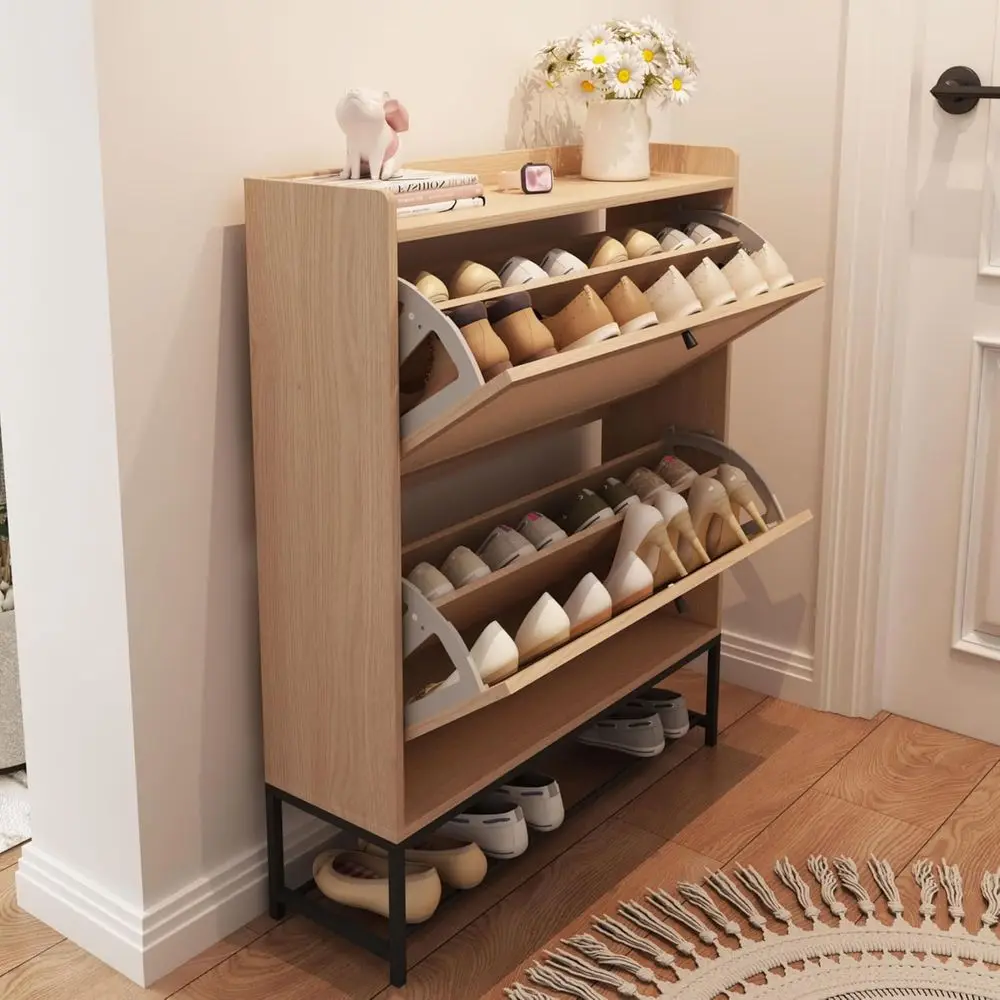 

Natural Linen Paneled Slim Shoe Storage Cabinet for Entryway or Hallway