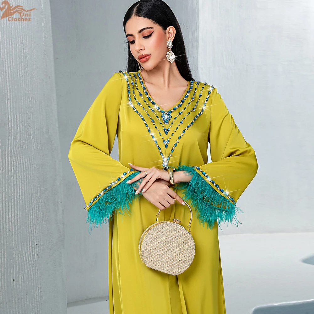 

Роскошное женское мусульманское платье-макси в стиле кафтан из Дубая и Турции, украшенное стразами, для Рамадана и Ид, марокканский кафтан, мусульманская роба, платье-гаварн