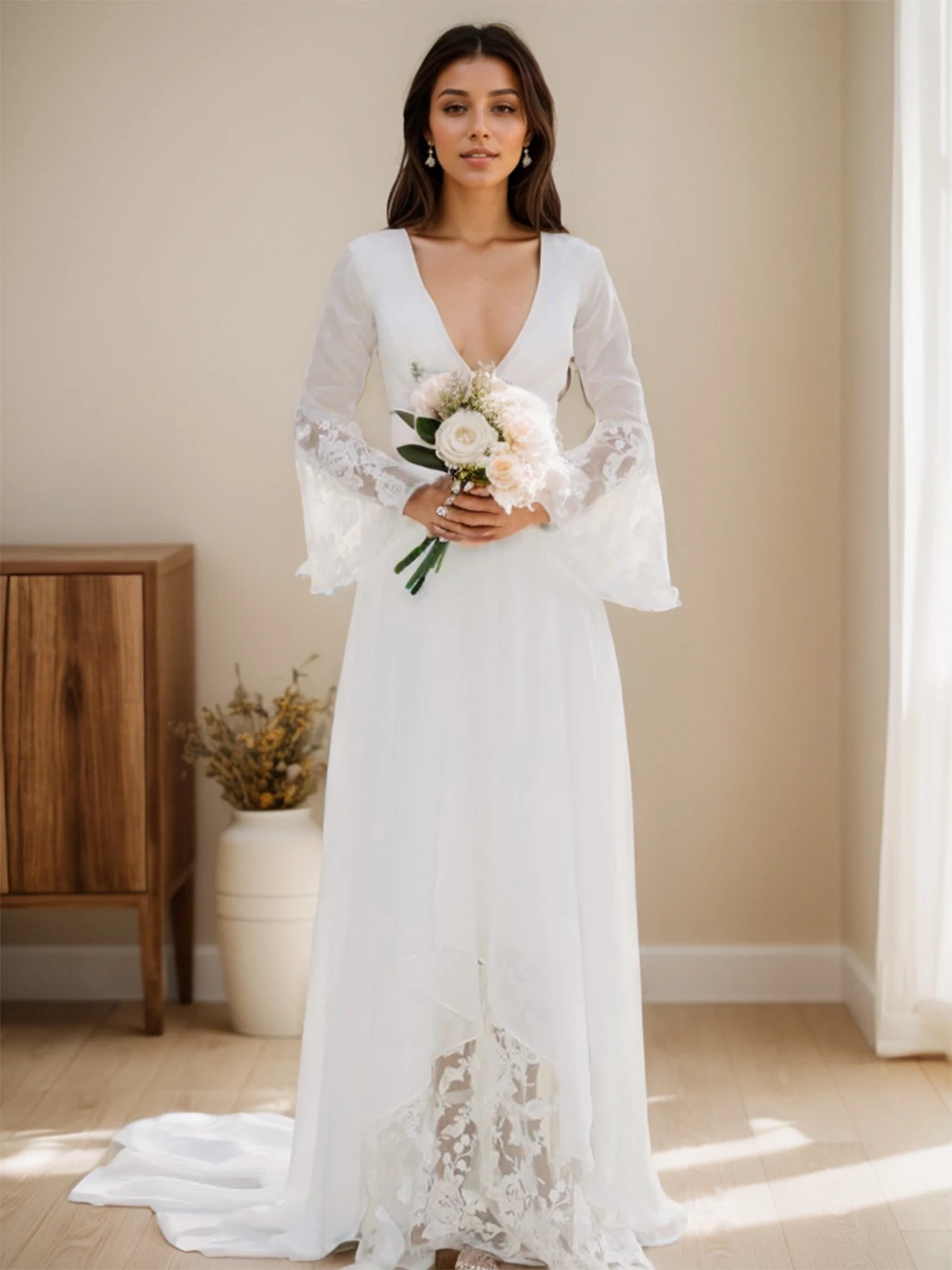 Elegant A-Line Wedding Dress Long Sleeve V Neck Tulle Appliques Sweep Train Engagement Rehearsal Dresses 2025 Free Customized