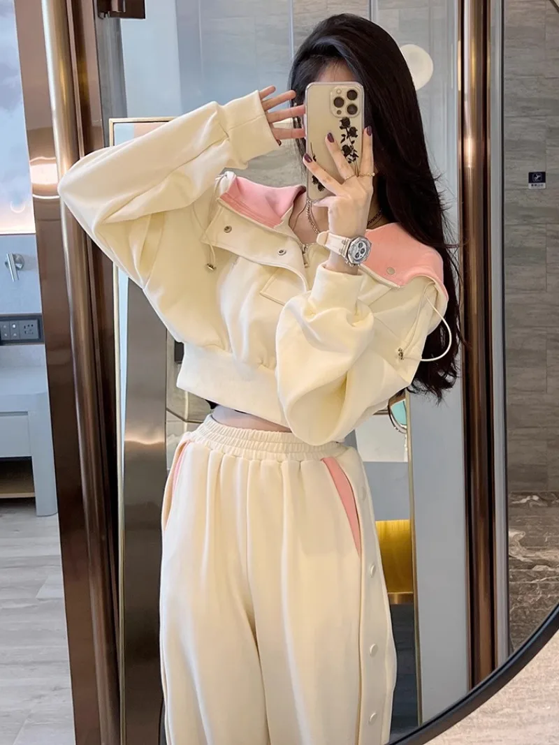 Korean Fashion Hoodie Wide Leg Pants Two-piece Set Women Sweet Cool Contrast Color Sweet Chic Spring Female Casual Sports Suit