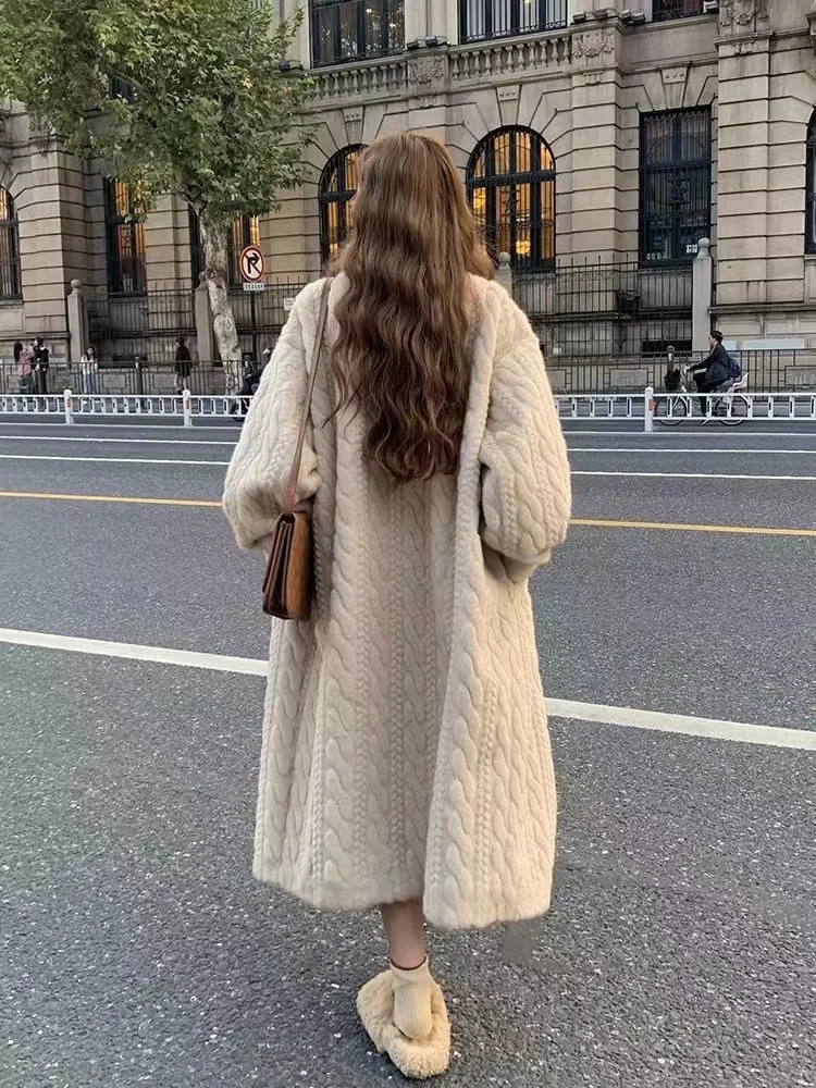 Winter Warm Faux Mink Fur Long Coats Women Korean Thicken Cotton Padded Lined Jackets Single Breasted Loose Rabbit Plus Abrigos