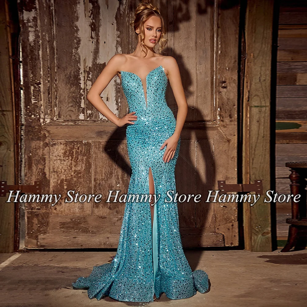 

Sexy Sequined Mermaid Evening Dress Formal Party Gown Deep V Neck Sleeveless Beading Front Split Sweep Train Prom Dresses