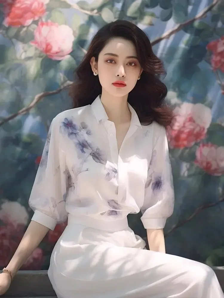 

Women's Shirt and Blouse with Print V Neck Female Tops Short Sleeve Korea Stylish Streetwear Elegant Luxury Chic Cool Vintage M