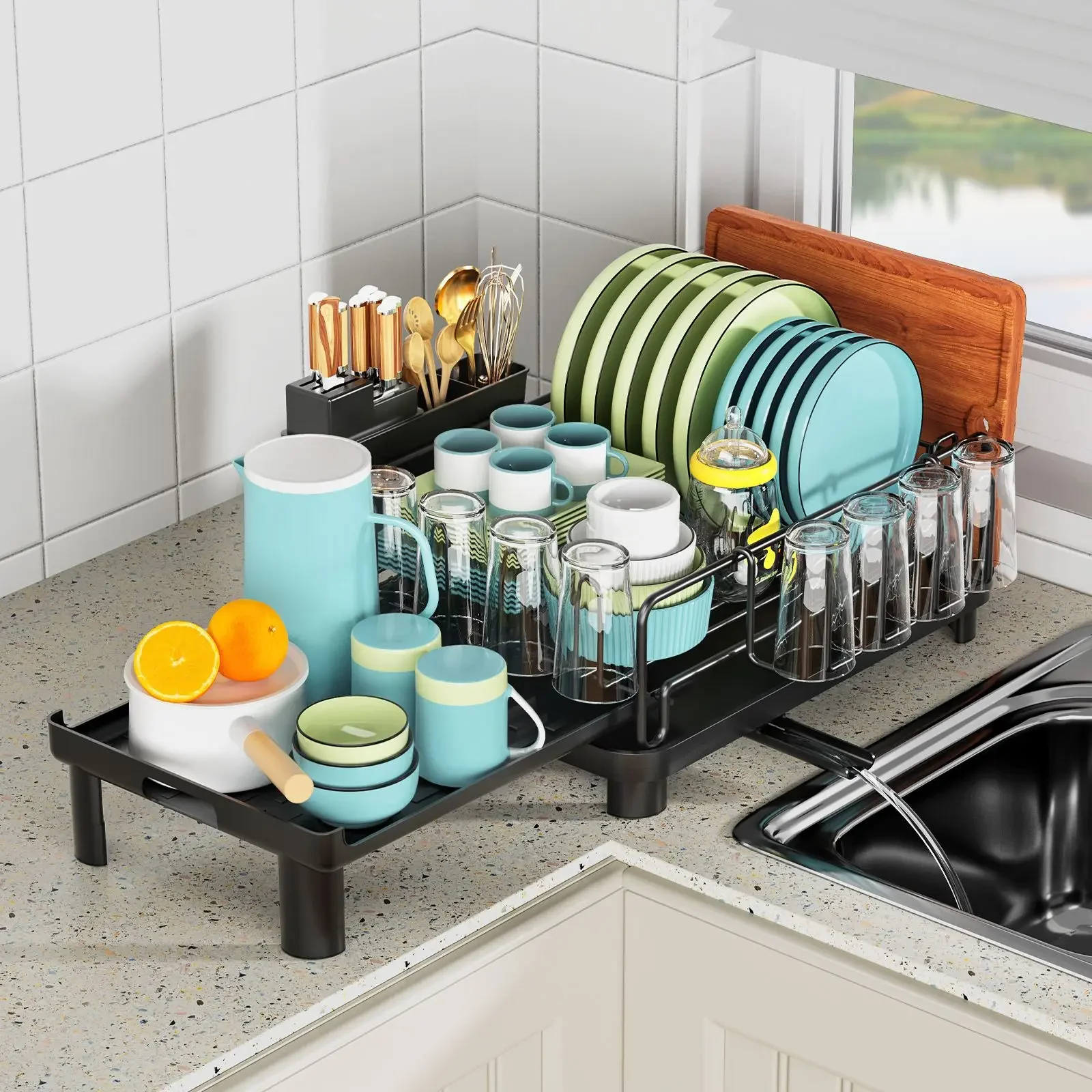 Kitchen Dish Drying Rack Retractable Kitchen Organizr Over Sink Plate Drainer with Drainboard Countertop Tableware Drainer