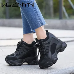 Spring Women Ankle Boots NEW Fashion Winter Ladies Platform 10cm High Wedges Leather Casual Shoes Woman Chunky Black Sneakers