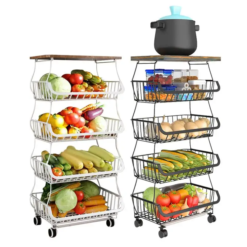 

Snack Cart With Wheels 5-tier Stackable Fruit Basket Vegetable Shelf Cart Fruit With Lockable Universal Wheel Snack Storage Rack