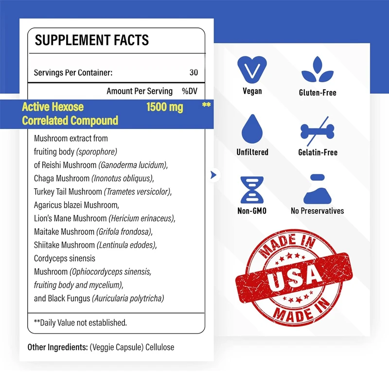 Suplemento hexagonal complejo activo, 1500mg, apoya la salud inmunológica, la función cardíaca, mantiene la actividad celular asesina, 60 cápsulas