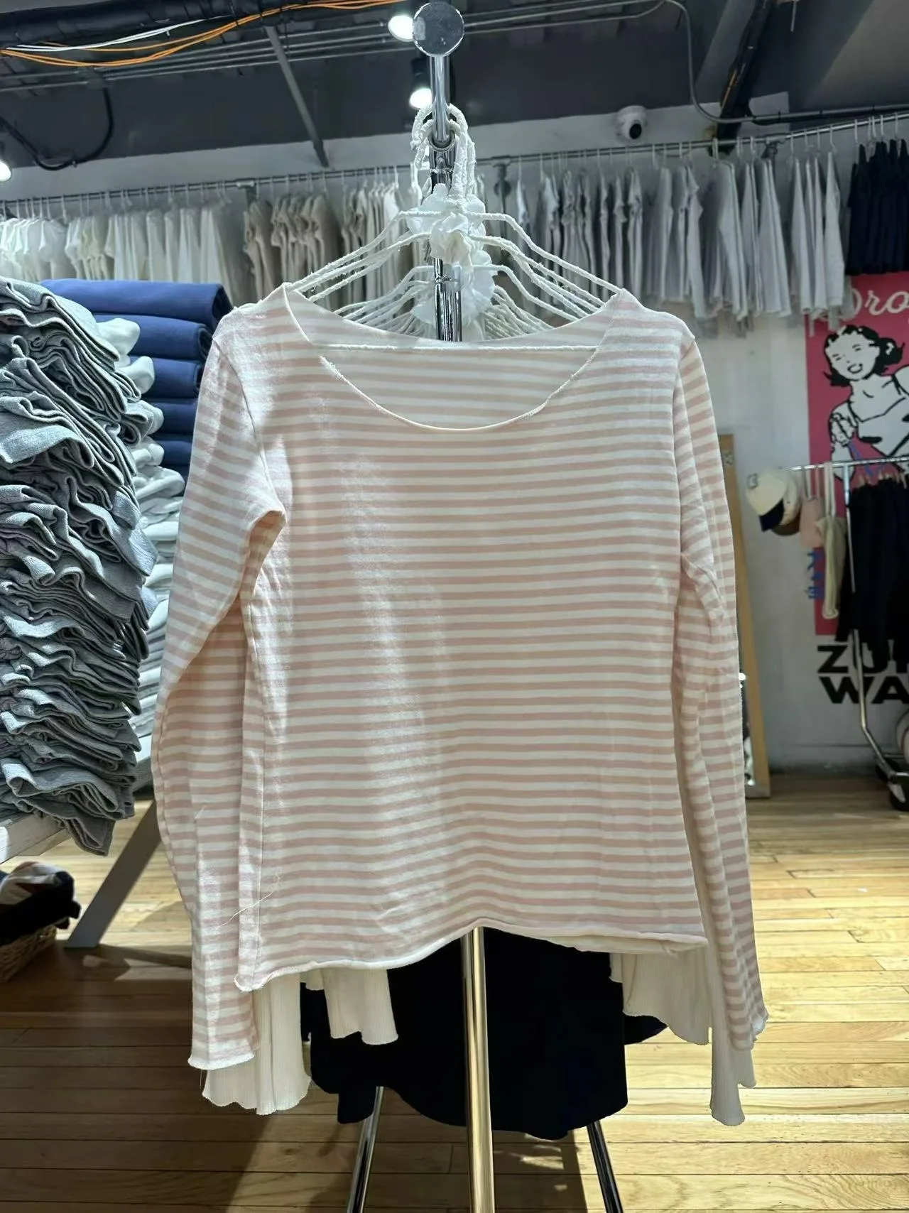 Striped Pink Raw Hem T-shirts For Women New Slash Neck Long Sleeve Tee Shirt Sweet Casual Fashion Tops Y2k Tshirts 2025 Spring