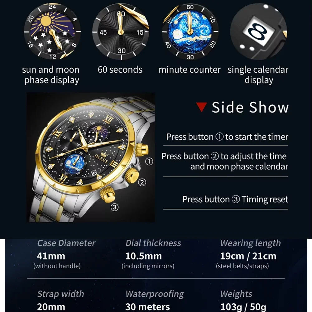 OLEVS 9807 Men\'s Watches Luxury Fashion Starry Sky Dial Chronograph Moon Phase Waterproof Original Quartz Wristwatch for Men New