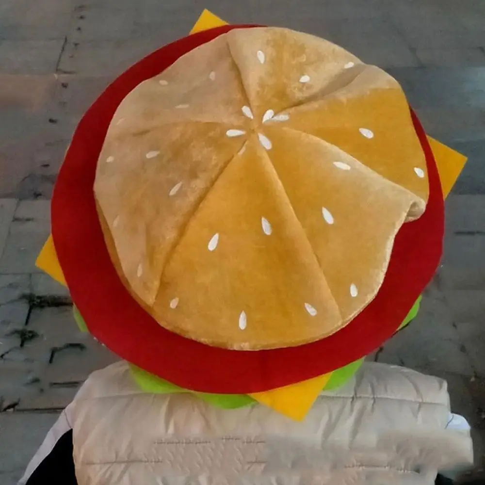 Sombrero de hamburguesa decorativo creativo de dibujos animados, gorro de hamburguesa suave y bonito, sombrero de utilería de rendimiento divertido Unisex para fiesta de Halloween