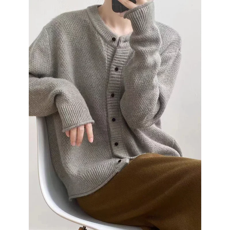 

Women Spring Autumn Retro Lazy Style Round Neck Knitted Jacket Top Japanese Simple Sweater Cardigan