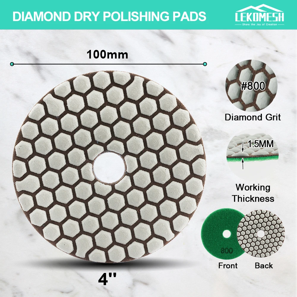 LEKOMESH 8pcs Diamond Dry Polishing Pads Granite Marble #800  Sanding Disc Ceramic Stone 100mm/4'' Polisher Grinding Plate