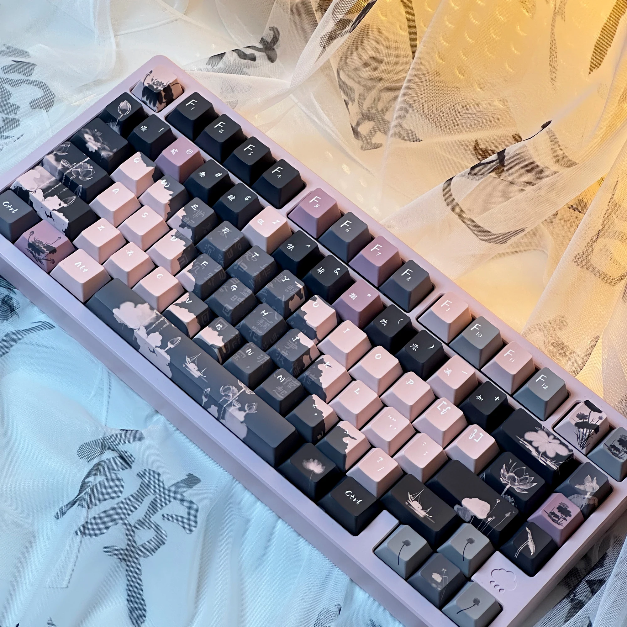 Keycap teclado estilo chinês, sublimação completa de cinco lados, tinta de lótus, rosa, preto, cereja, rumengling, teclado mecânico, 140 teclas