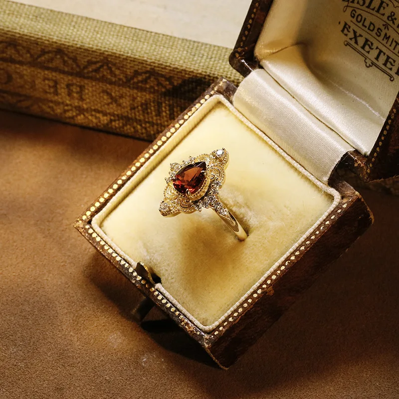 LAMOON Natural Gemstone Garnet Ring For Women Luxury S925 Sterling Silver Retro Court Style Fine Jewelry Valentines Day Gift
