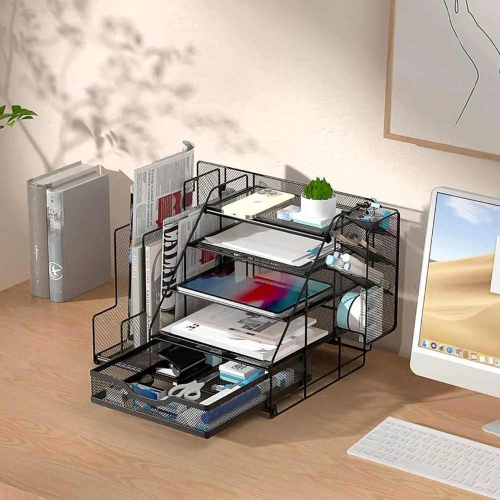

Desk organizer with vertical folder holder, five-tier paper tray, drawer and hanging pen holder.