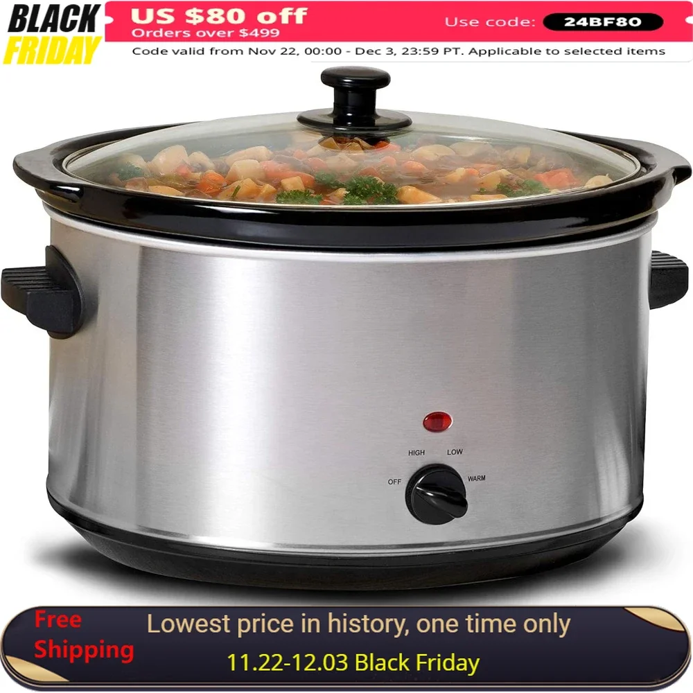 

8.5 Quart Slow Cooker, Adjustable Temp, Dishwasher Safe Glass Lid & Crock, Stainless Steel Slow Cookers