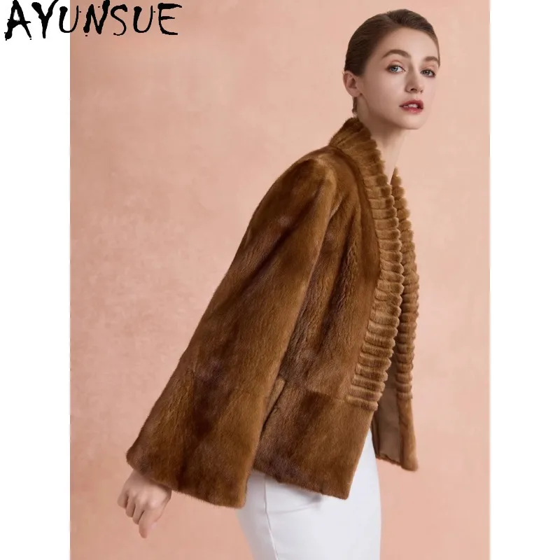 AYUNSUE Real Fur Coat Woman Luxury Fur Jacket Saga Whole Mink Fur Coats Woman New in Outerwears Elegant Woman Clothes Fourrure