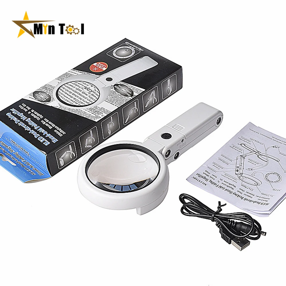 5X/10X Handheld Magnifier with LED Light and Stand USB Powered Illuminated Magnifying Glass for Electronics Repair Tool