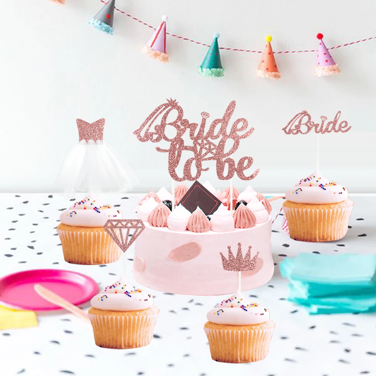 Rose Gold Glitter Bride To Be Cake Decor Hen Party Acrylic Cupcake Toppers Dessert Decor Wedding Bridal Shower Party Supplies