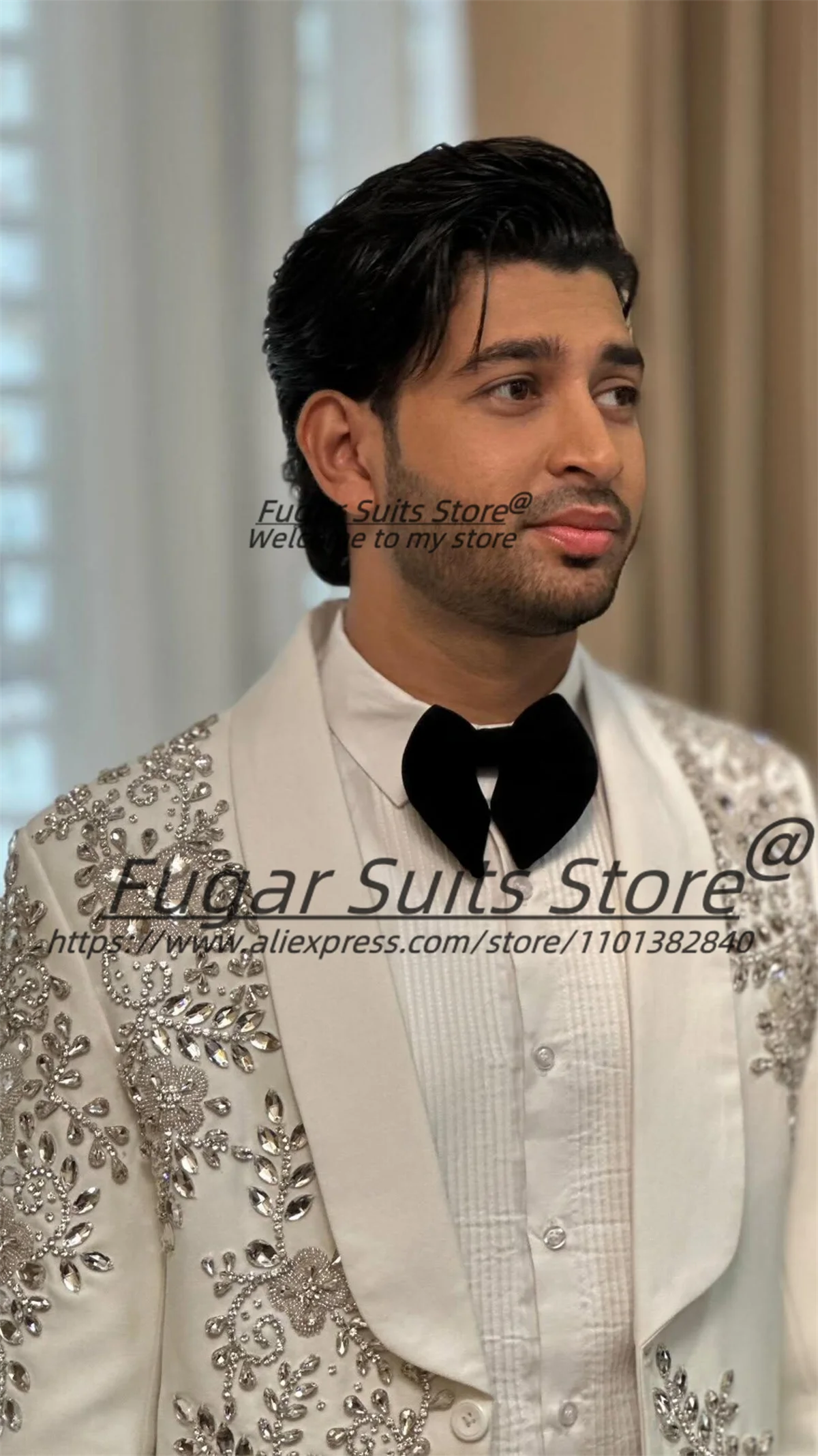 หรูหราเพชรเย็บปักถักร้อยชายชุดชายพรหมเสื้อคลุมที่กําหนดเอง SLIM FIT Shawl Lapel เงาเจ้าบ่าวงานแต่งงาน Tuxedos 2 ชิ้นชุด
