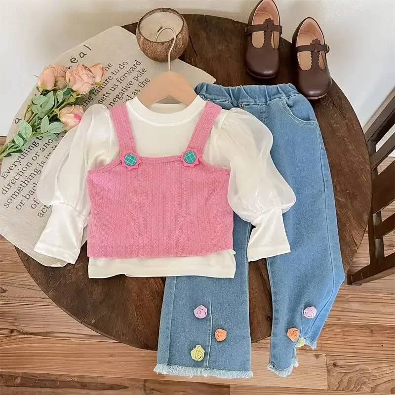 

Children's Clothing Sets Cute Ruffled Collar Shirt and Denim Pants 3pcs Sets Kids Clothes Girls Clothes Set 2 To 7 Years