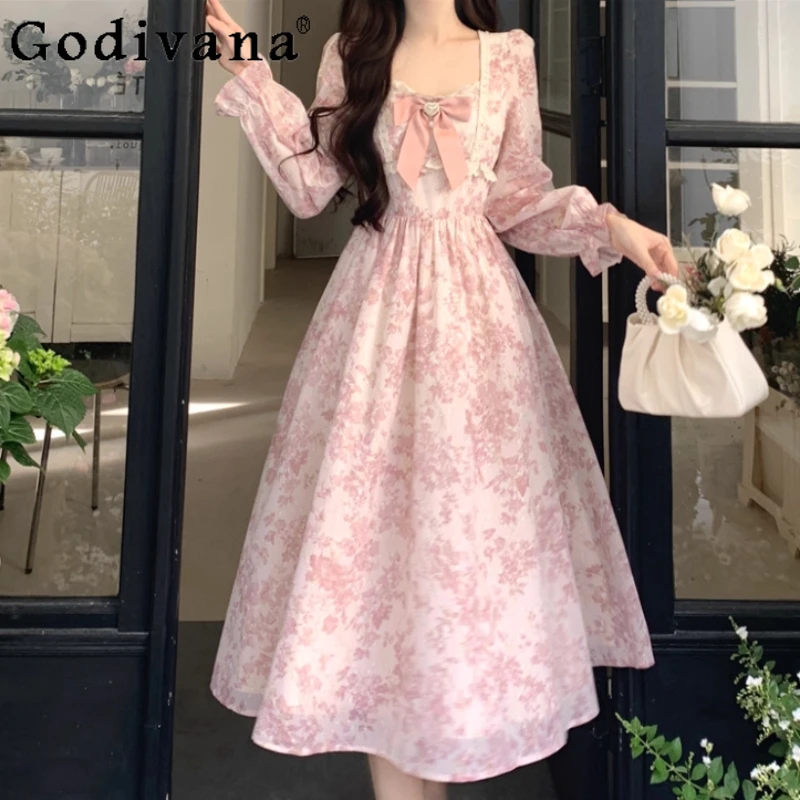 ربيع أنيق أنثى الفرنسية رائعة بأكمام طويلة الوردي الأزهار المحكمة فستان الأميرة ساحة الرقبة الحلو القوس الجنية فساتين طويلة #1