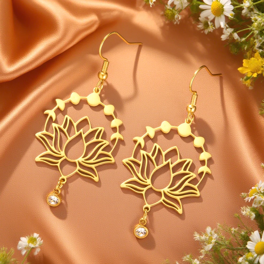 Dawapara Mondphase Lotusblume baumelnde Ohrringe Bohemian klar Zirkon Lotus Yoga spiritueller Schmuck Edelstahl Ohrringe – Detail 6