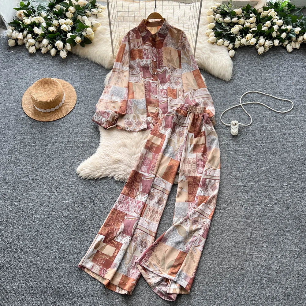 

New Fashion Autumn Vintage Print Sets Women Long Sleeve Polo Neck Shirt+Wide Leg Pants 2025 Newest Loose Casual Two Pieces Suits