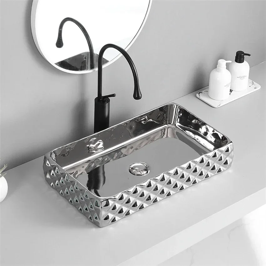 Integrated Tabletop Basin Electroplated Washbasin Rectangular Household Hotel Engineering Ceramic Art Wash Basin 600*340*110mm