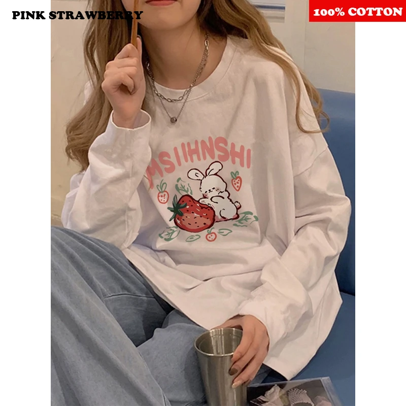 Cute Cartoon Dog Print T-shirt Women Autumn 2025 New 100%Cotton Oversize White Long sleeved Loose T-shirt Y2k Top kawaii clothes