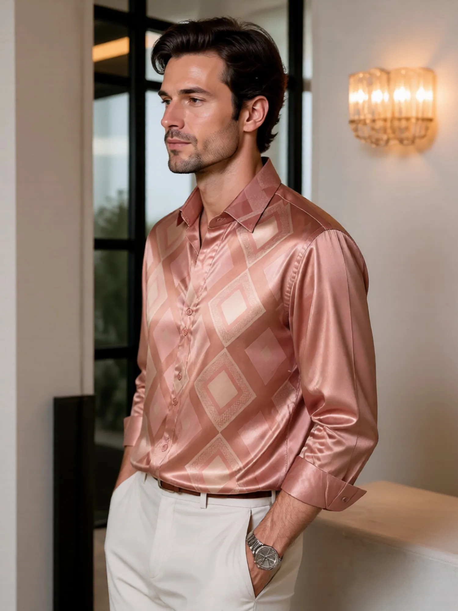 Mens Satin Long Sleeve Button Down Printed Dress Shirt Smooth Glossy Fabric Daily For Office Commute Business Work Everyday Wear