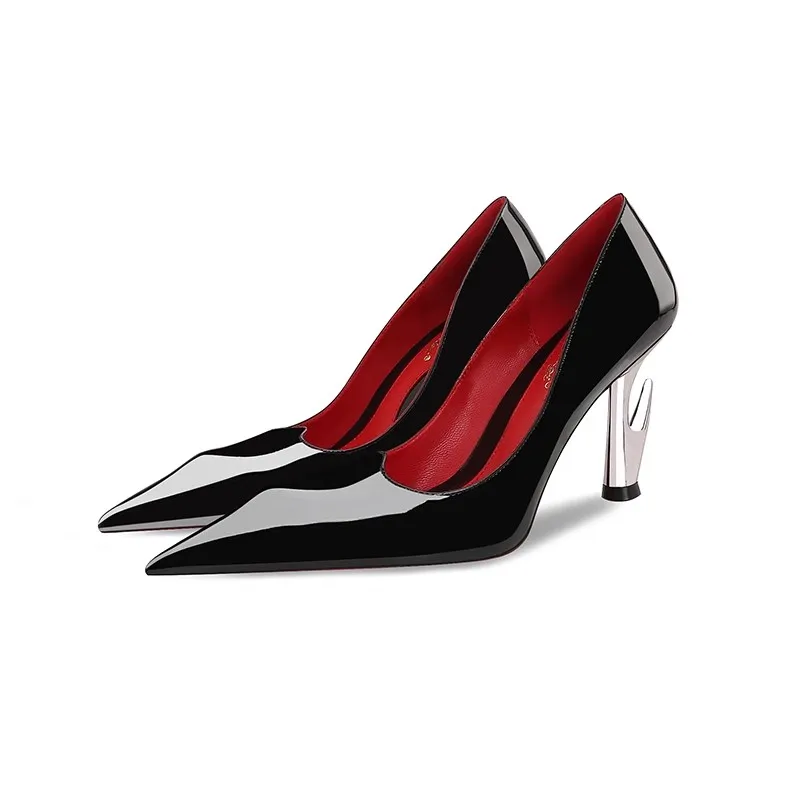 

Spring and summer new pointed shallow patent leather special-shaped single shoes high-heeled banquet dress large size women shoe