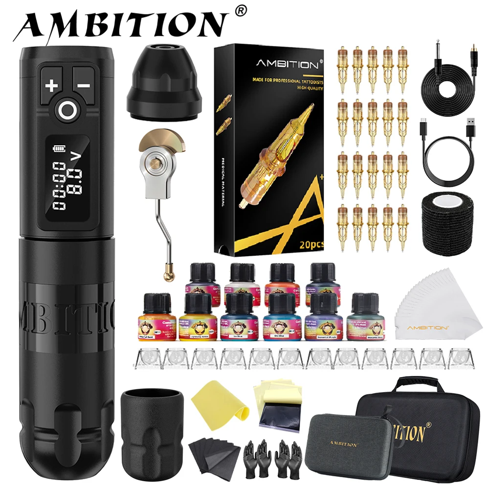 Ambition Soldier Kit Wireless Tattoo Machine Pen Gun 20pcs Glory Tattoo Cartridge Needle Set for Beginners & Professional Artist