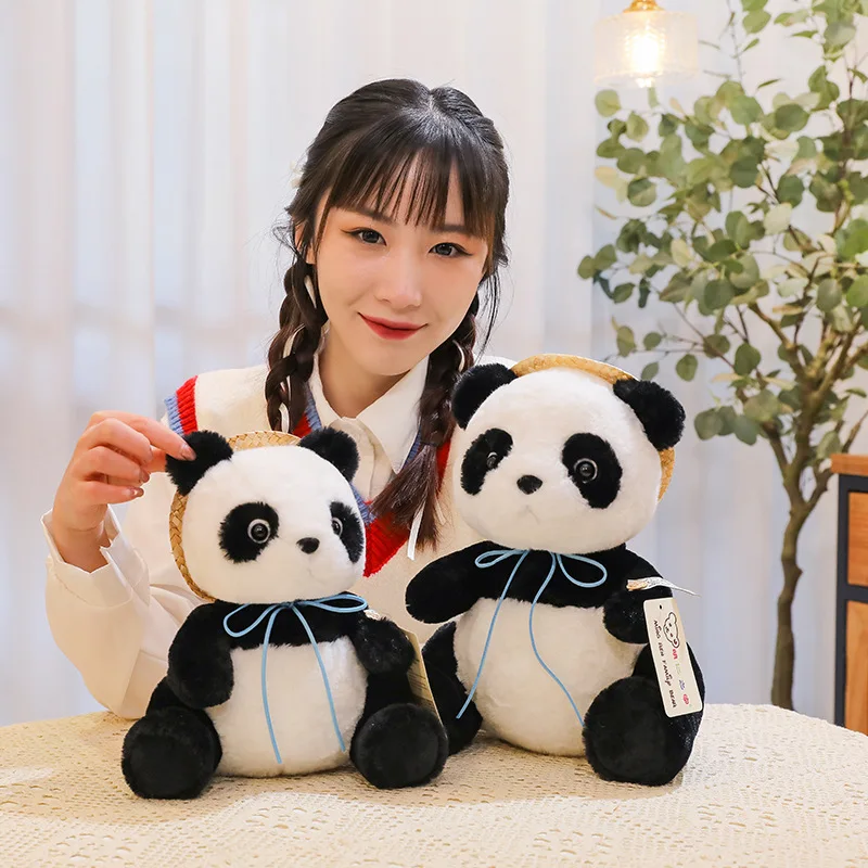 26/33CM Cute Baby Big Giant Straw Hat Panda Bear Plush Toy Stuffed Animal Doll Animals Pillow Cartoon Kawaii Dolls Girls Gifts