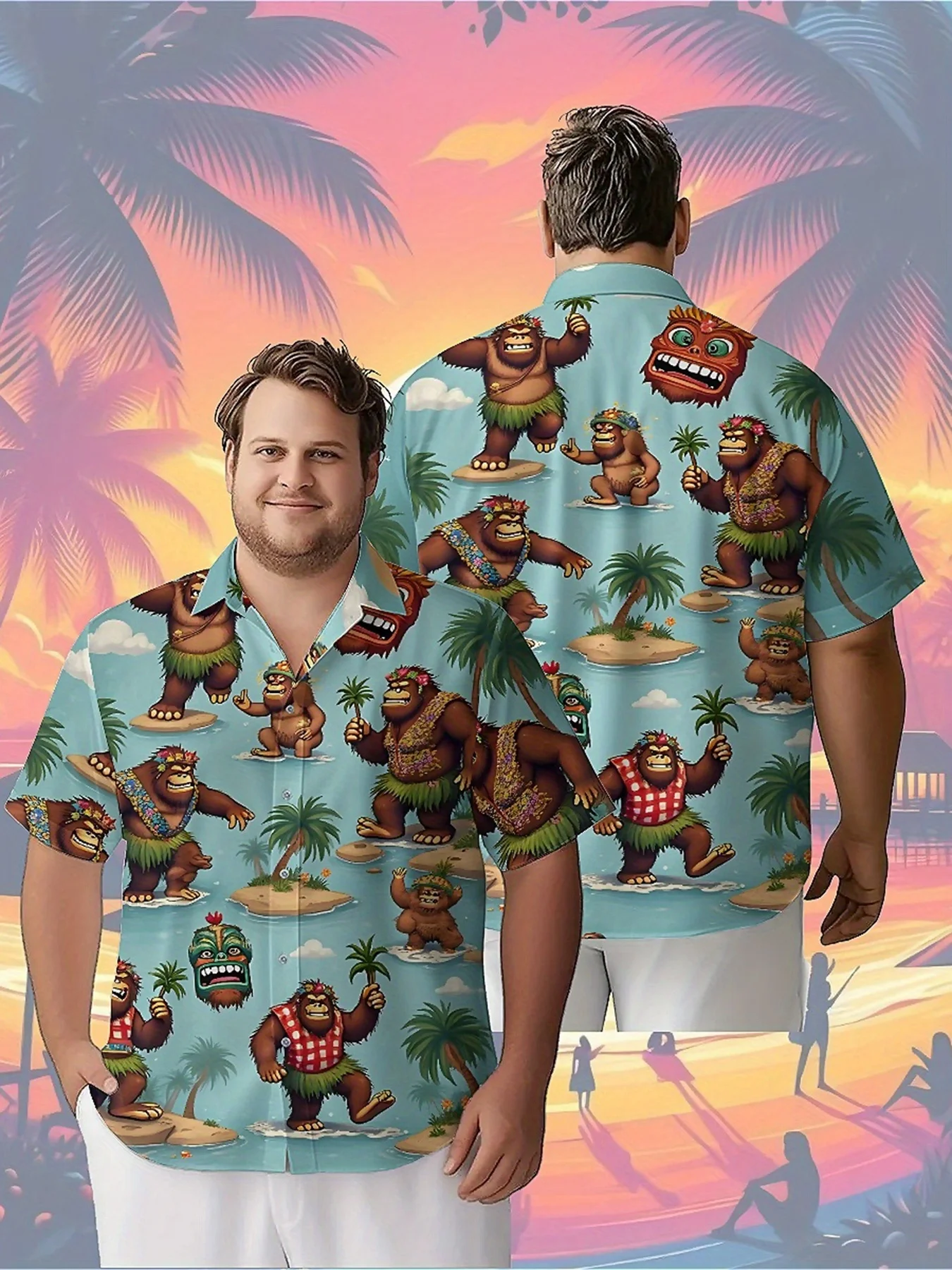 

Men's Plus Size Hawaiian Shirts Gorilla and Tiki Mask pattern,Unisex Baggy Aloha Shirts,summer Alternative Clothing