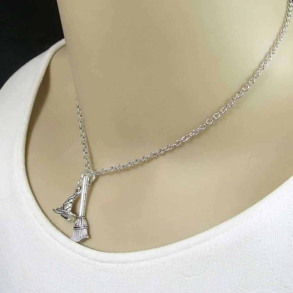 Fashion Retro Halloween Sliver Color Witch Hat Pendant Small Broom Pendant Necklace for Women Magic Wizard Collar Chain Jewelry