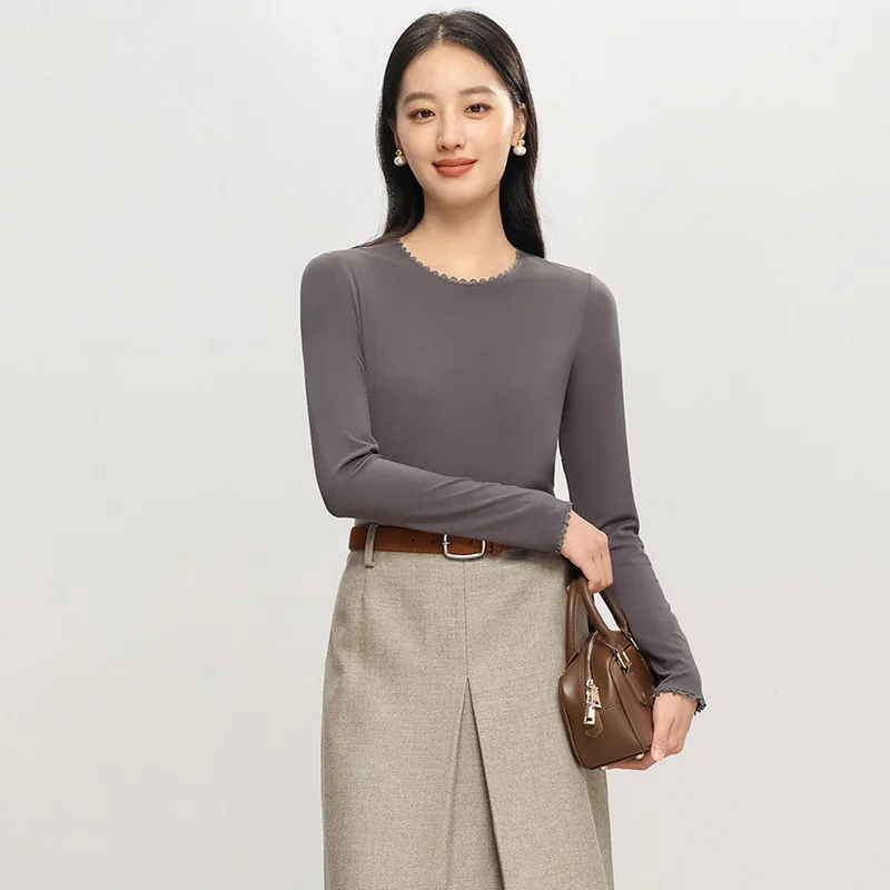 

Autumn Women Lace T-Shirt,Round Neck 6% Silk Long Sleeve Soft Slim Fit Basic Bottoming Tops