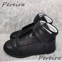 Black Genuine Leather Men's Casual Shoes Street Style Round Toe High-Top Sneakers Autumn Winter Mixed Colors Outdoor Men Boots