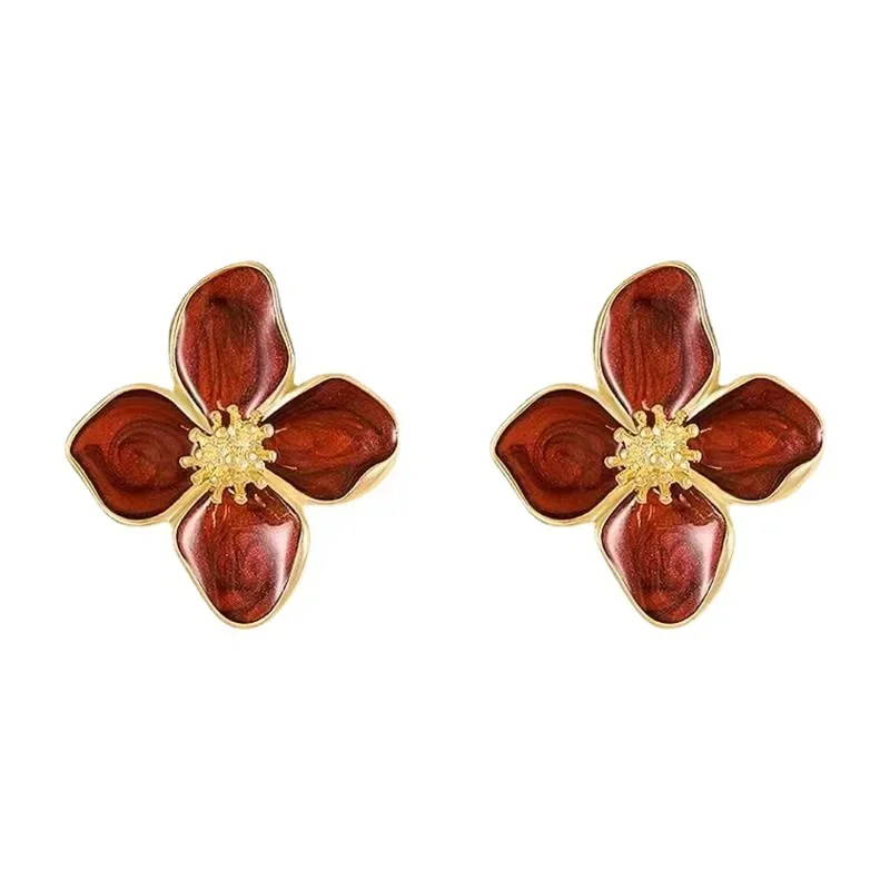 Fashion Retro Drip Glaze Flower Earrings for Women Korean Delicate Stud Earrings Luxury Couple Engagement Jewelry Gift Xmas