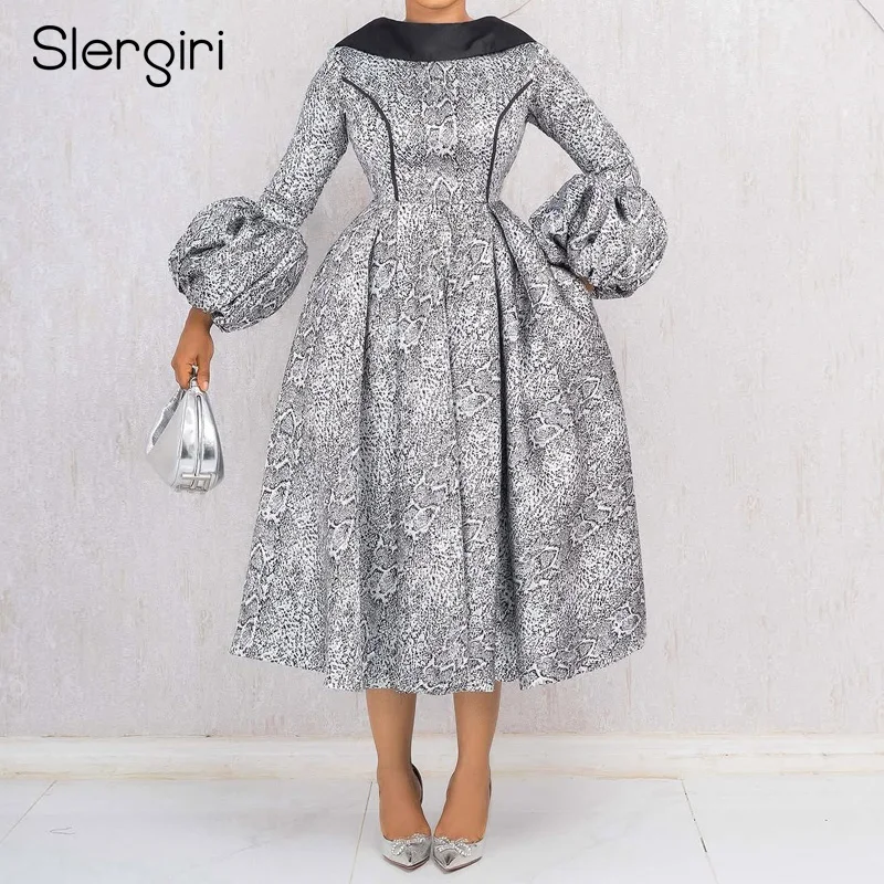 

Slergiri женское элегантное вечернее платье со змеиным принтом на молнии сзади, осень-зима 2022, длинные платья с рукавами-фонариками и высокой талией, большие качели