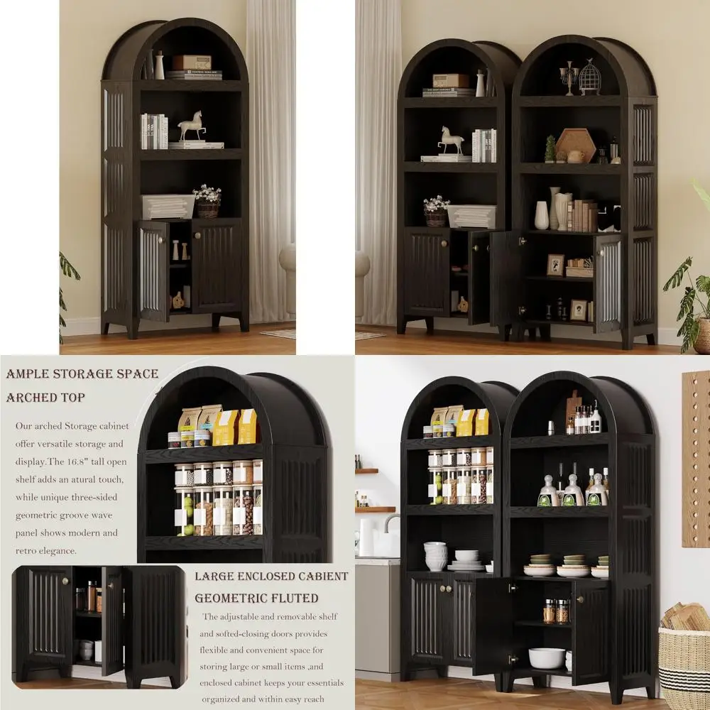 Nowoczesny wysoki regał łukowy, wysokość 178 cm, spiżarnia kuchenna w stylu farmhouse z drzwiami z cichym domykaniem, idealny do domowego biura i salonu.