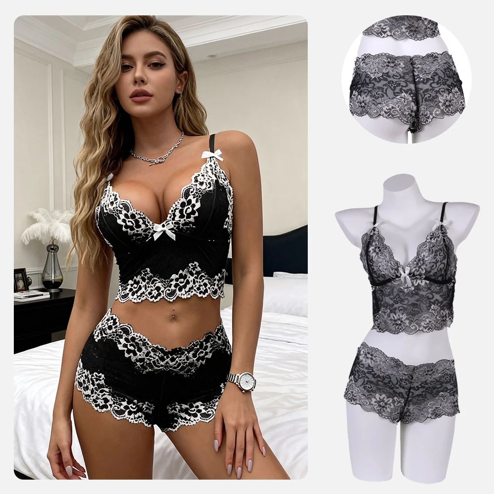 

Sexy Lace Erotic Lingerie, Seductive Two-piece Halter Set, Black See-through Flower Bra Set