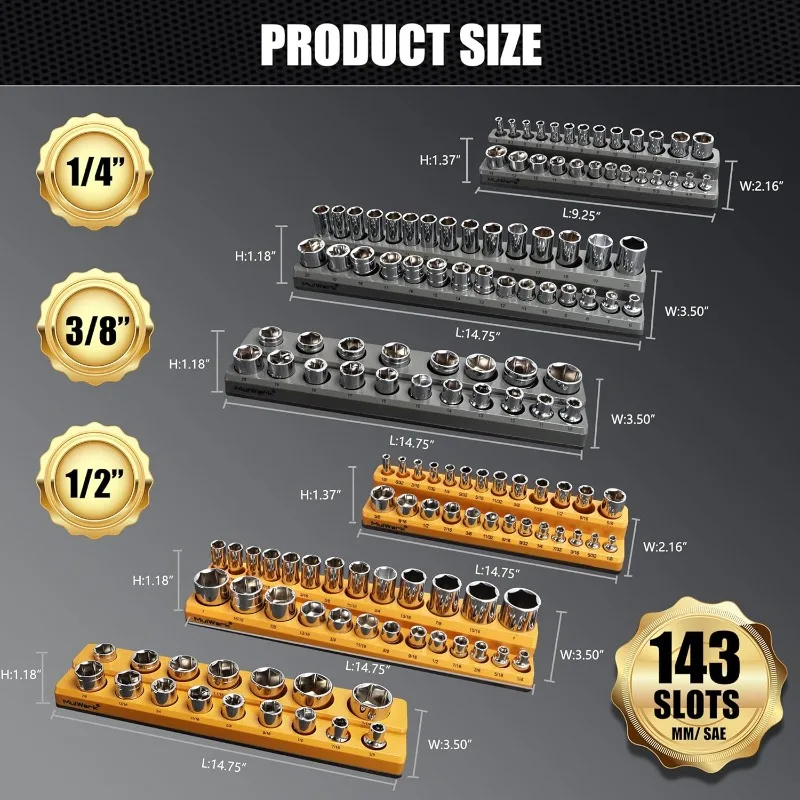 6PC Magnetic Socket Organizer - Socket Holder Set Contain SAE Metric 1/4