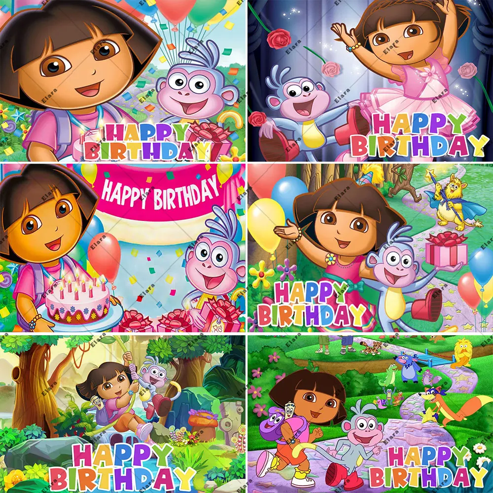 

Cartoon-DORA-The-Explorer Theme Birthday Party Decoration Cute Girl And Monkey Baby Shower Photography Backdrop For Kid Gifts