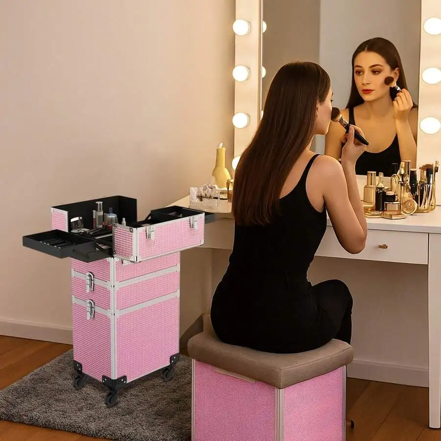 Rolling Makeup Train Case 4in1 Cosmetic Trolley Organizer Travel Lockable Salon Barber Cart Trunk With Wheels For Women Hairstyl