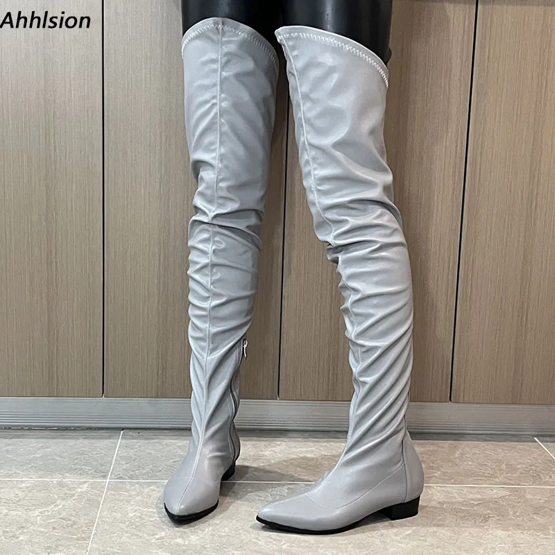 Ahhlsion/Новые женские весенние сапоги до бедра из искусственной кожи на молнии на плоской подошве с острым носком, серые повседневные туфли, женские размеры США 5-15