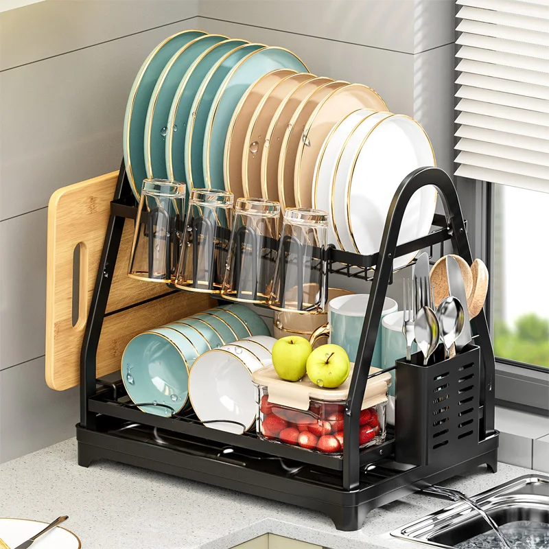 Kitchen Dish Bowl Drying Rack 2 Tier Drainer Storage Rack with Dish Chopsticks Knife Fork Water Cup Kitchen Countertop Organizer