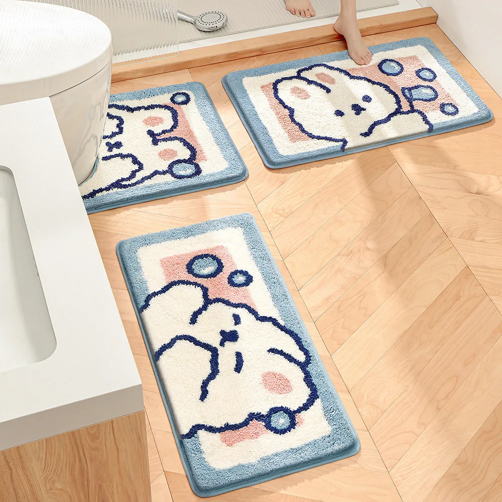 Bath Mat 2-piece Set 3-piece Set Rabbit Series Thickened Flocking Bathroom Rug Bedroom Bedside Carpet Kitchen Long Floor Mat