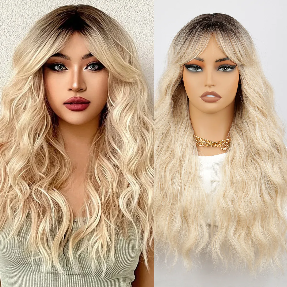 

Eight-character bangs platinum gradual change color water ripple long curly hair fluffy wig female headgear wig