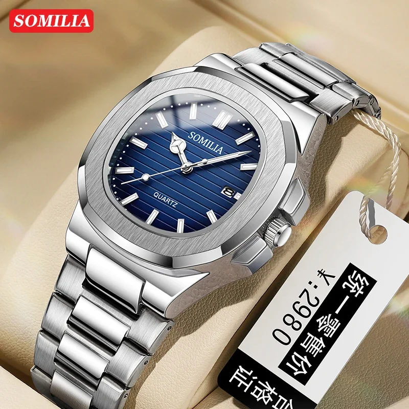 SOMILIA 2310 Reloj de cuarzo de lujo para hombre, calendario, luz nocturna, negocios, acero inoxidable, tendencia de moda, reloj de cuarzo para hombre